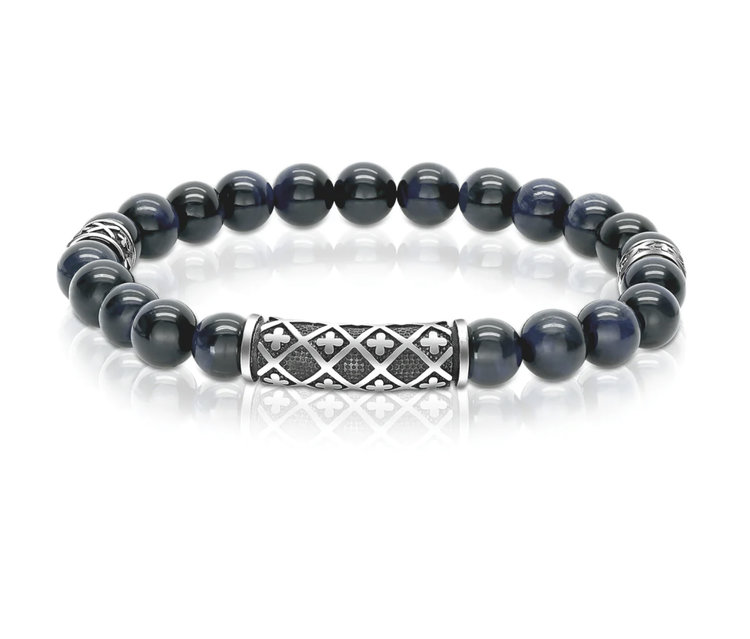 BB-77 STAINLESS STEEL BLACK IP CROSS DESING BLUE TIGER EYE BEADS BRACELET