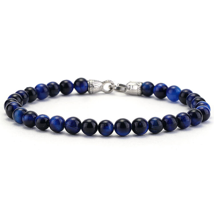 ITALGEM STAINLESS STEEL BLUE TIGER EYE 8MM BEADED MENS BRACELET