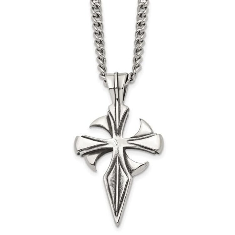 90034 STAINLESS STEEL ANTIQUE DAGGER DESIGN CROSS WITH CURB LINK CHAIN PENDANT SET