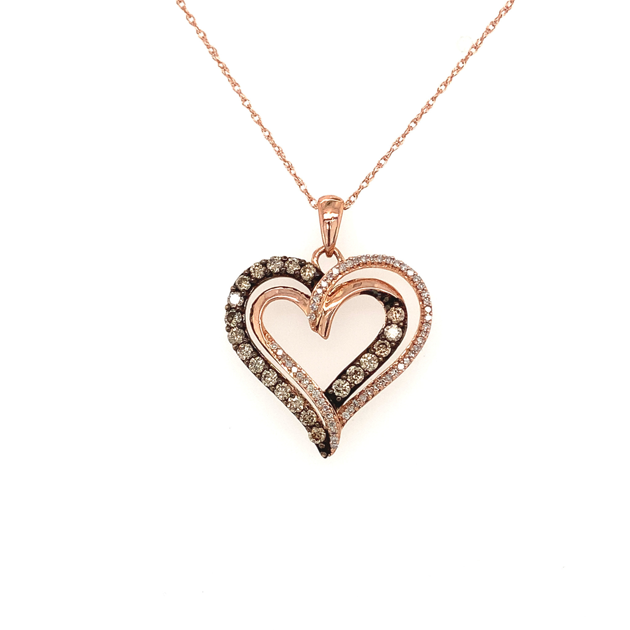 70205 10K ROSE GOLD .50TCW WHITE AND CHOCOLATE DIAMONDS DOUBLE OPEN HEART PENDANT SET 70205 10K ROSE GOLD .50TCW WHITE AND CHOCOLATE DIAMONDS DOUBLE OPEN HEART PENDANT SET