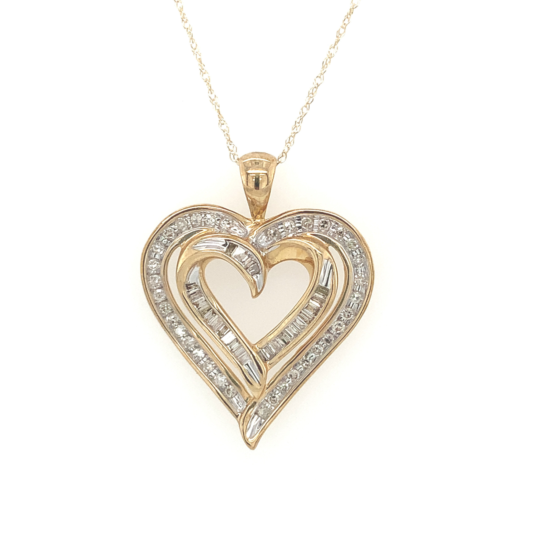 70206 10K YELLOW GOLD DOUBLE OPEN HEART WITH .50TCW CHANNEL SET ROUND AND BAGUETTE DIAMONDS PENDANT5 SET 70206 10K YELLOW GOLD DOUBLE OPEN HEART WITH .50TCW CHANNEL SET ROUND AND BAGUETTE DIAMONDS PENDANT5 SET