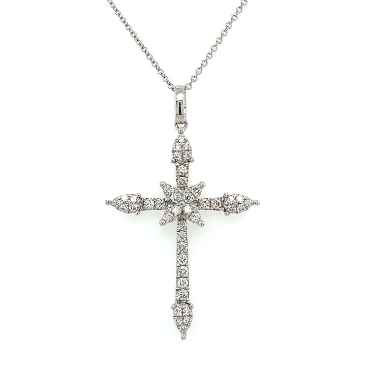 70161 18K WHITE GOLD .53TCW DIAMOND CROSS WITH PEAR SHAPE CLUSTER POINTS