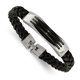 90036 STAINLESS STEEL POLISHED BLACK LEATER AND ACRYLIC 8.5'' BRACELET