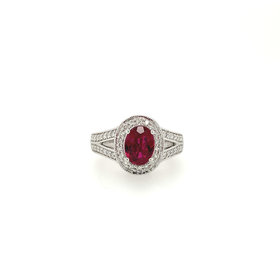 475649 14K WHITE GOLD OVAL RED TOURMALINE  HALO SPLIT SHANK RING