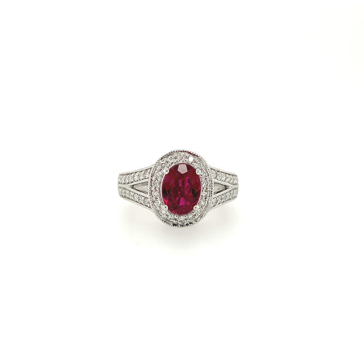475649 14K WHITE GOLD OVAL RED TOURMALINE  HALO SPLIT SHANK RING