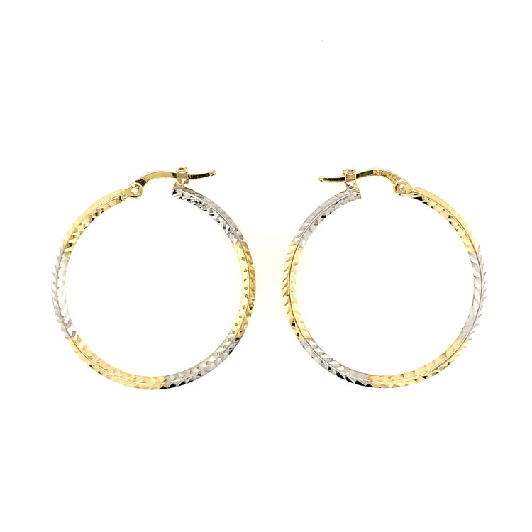 30748 14K TWO TONE GOLD 1.25” KNIFE EDGE DIAMOND CUT DESIGN 1.75MM HOOPS
