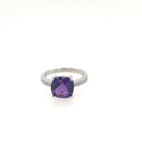 40137 10K WHITE GOLD CUSHION SHAPE 9MM SYNTHETIC AMETHYST WITH .08TCW DIAMOND SHANK RING