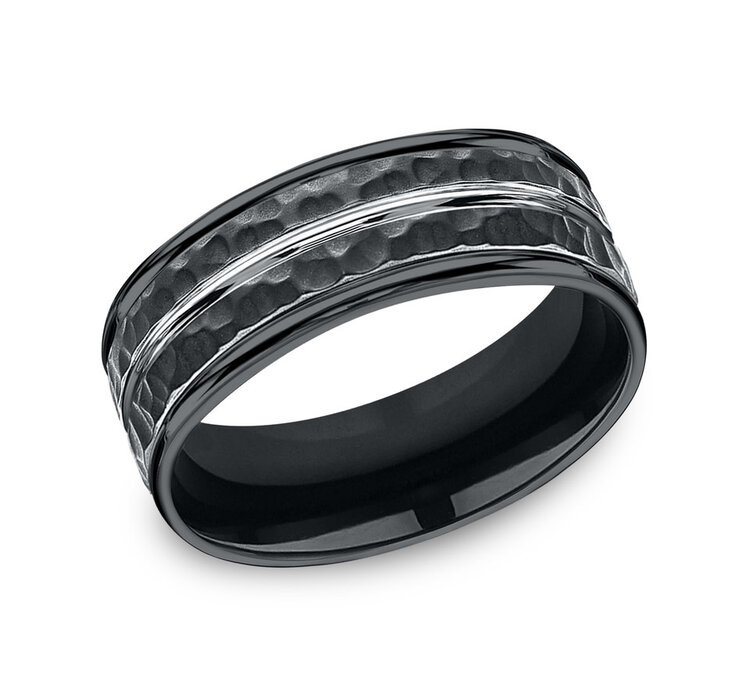 475173 BENCHMARK BLACK COBALT HAMMERED FINISH AND POLISH CENTER CUT ROUND EDGES MENS BAND