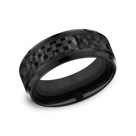 475200 BENCHMARK BLACK TITANIUM 8MM CARBON FIBER CENTER BEVELED EDGE DESIGN SIZE 10 MENS RING