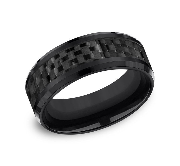 475200 BENCHMARK BLACK TITANIUM 8MM CARBON FIBER CENTER BEVELED EDGE DESIGN SIZE 10 MENS RING