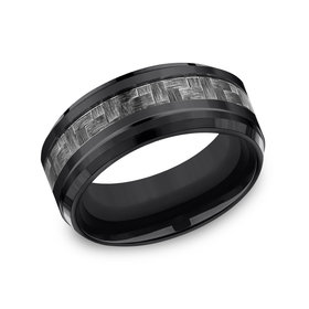475190 BENCHMARK BLACK TITANIUM 9MM GREY CARBON FIBER CENTER SIZE 10 MENS RING