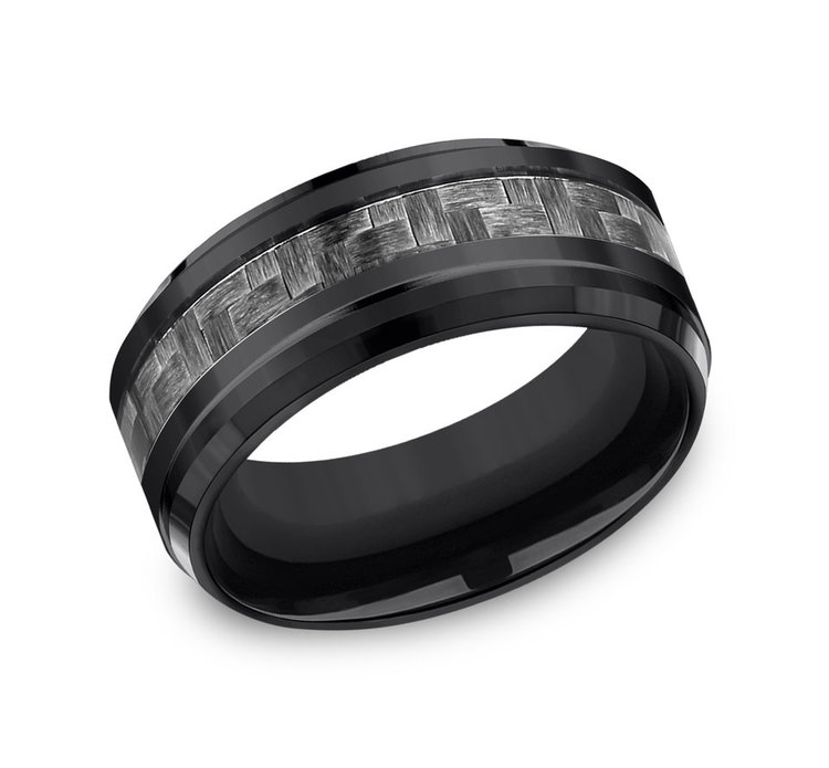 475190 BENCHMARK BLACK TITANIUM 9MM GREY CARBON FIBER CENTER SIZE 10 MENS RING