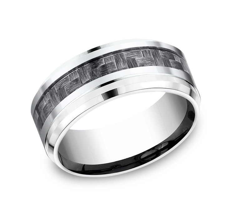 475213 BENCHMARK COBALT 9MM GERY CARBON FIBER CENTER POLISHED BEVEL EDGES MENS RING