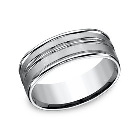 475228 BENCHMARK TUNGSTEN 8MM SATIN FINISH POLISHED DOUBLE CENTER ROUND EDGES MENS RING