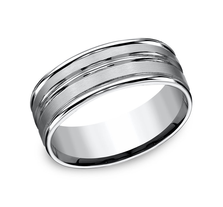 475228 BENCHMARK TUNGSTEN 8MM SATIN FINISH POLISHED DOUBLE CENTER ROUND EDGES MENS RING