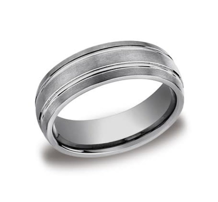 475231 BENCHMARK TUNGSTEN 7MM SATIN FINISH LINED CENTER CUTS MENS RING