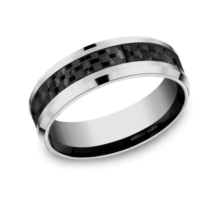 475229 BENCHMARK TUNGSTEN 7MM CARBON FIBER  BEVEL EDGES MENS RING