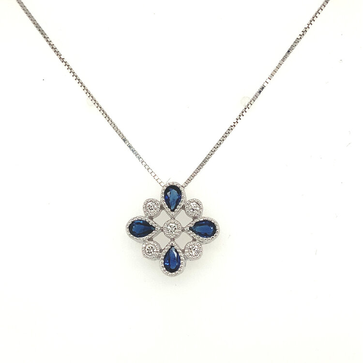 70212 14K WHITE GOLD  .46TCW SAPPHIRE AND .10TCW DIAMOND FLORAL MILGRAIN FINISH PENDENT SET