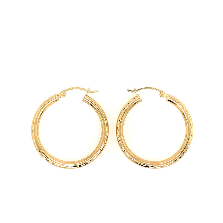 30765 14K YELLOW GOLD 3 ROW DIAMOND CUT 3MM HOOPS 1''