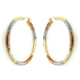 30769 14K TRI COLOR DIAMOND CUT 1.25'' HOOPS 3MM