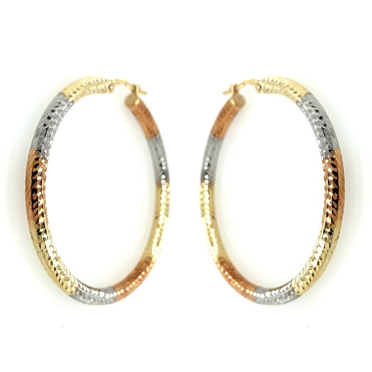 30769 14K TRI COLOR DIAMOND CUT 1.25'' HOOPS 3MM