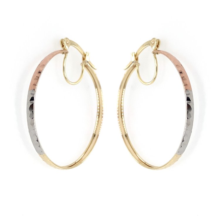 30776 14K TRI COLOR DIAMOND CUT FLAT 1.25'' HOOPS 2.2MM
