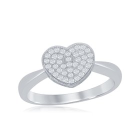 W-9621 Sterling Silver Shiny Band w/Micro Pave Cubic Zirconia Heart Ring