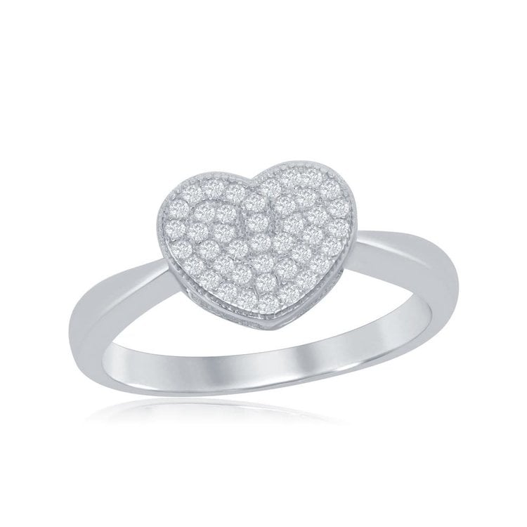 W-9621 Sterling Silver Shiny Band w/Micro Pave Cubic Zirconia Heart Ring