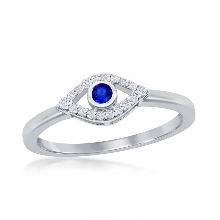 W-2914 Sterling Silver White & Blue Cubic Zirconia Evil Eye Ring