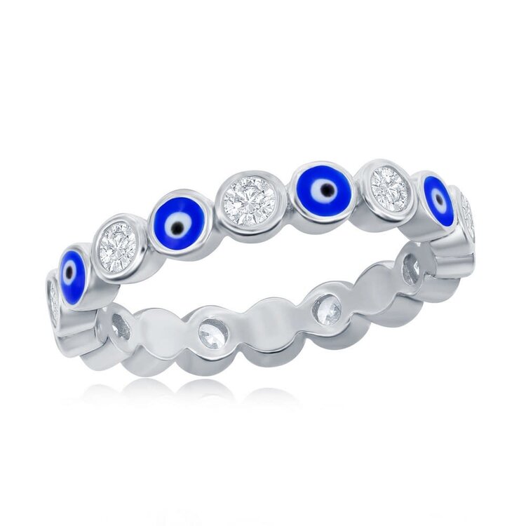 W-2889 Sterling Silver Evil Eye Enamel & Cubic Zirconia Ring