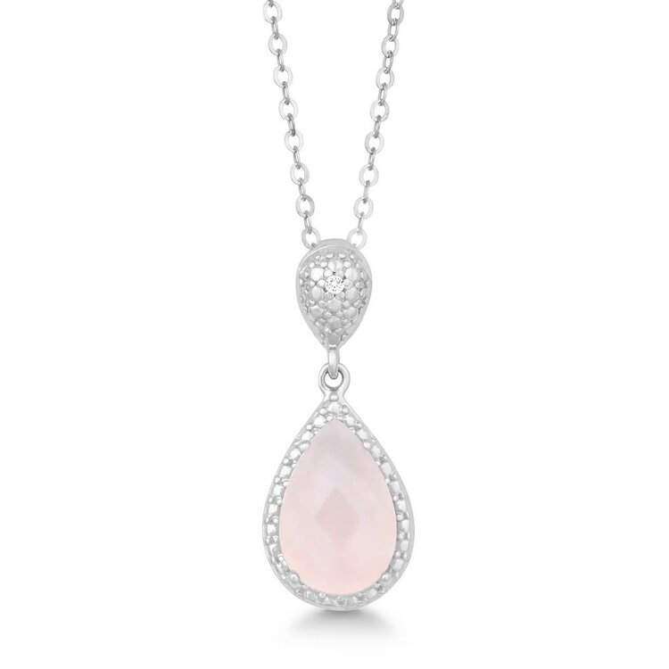 K-6608-RQ Sterling Silver Diamond and Gem Tearshaped- Rose Quartz Pendent Set