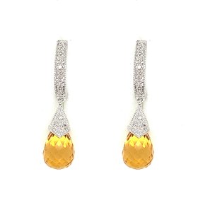 30779 14K WHITE GOLD DIAMOND DROP CITRINE HANGING EARRINGS