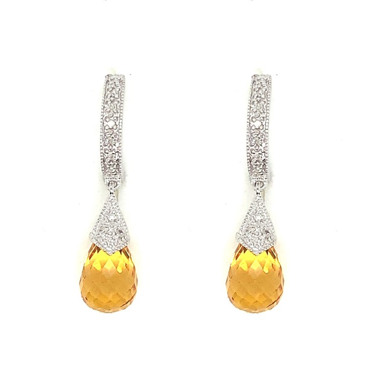 30779 14K WHITE GOLD DIAMOND DROP CITRINE HANGING EARRINGS