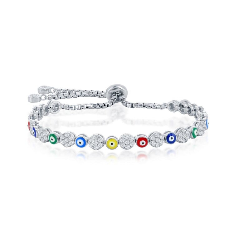 T-8064 Sterling Silver Alternating Cubic Zirconia & Multi-Color Enamel Evil Eye Bolo Bracelet