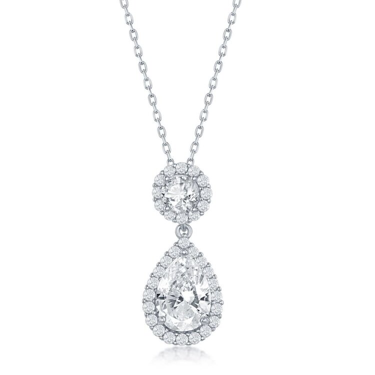M-6260 Sterling Silver Round and Pear shaped Cubic Zirconia Necklace