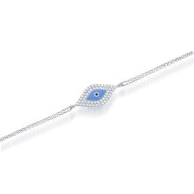 T-5896 Sterling Silver Double-Strand Turquoise Enamel and Cubic Zircon Evil Eye Bracelet