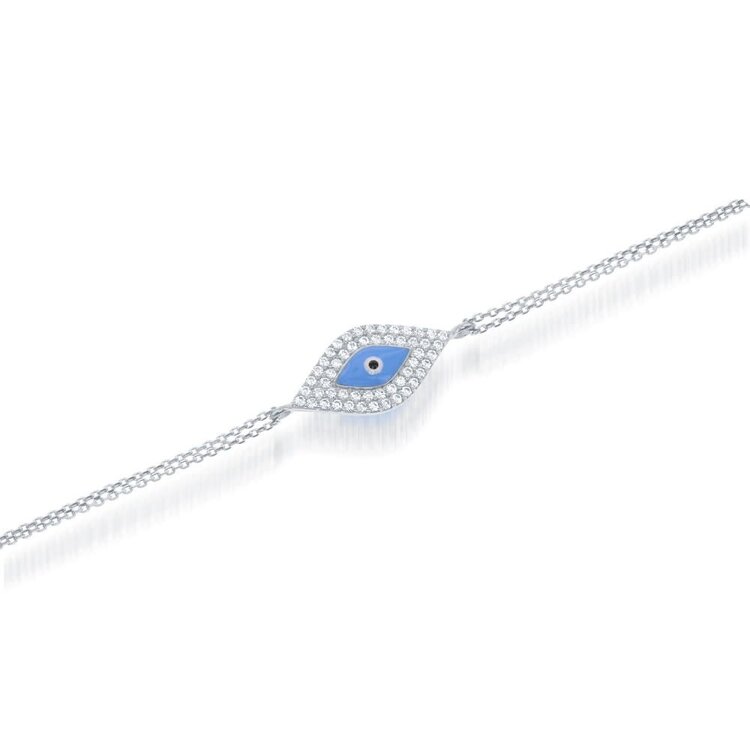 T-5896 Sterling Silver Double-Strand Turquoise Enamel and Cubic Zircon Evil Eye Bracelet