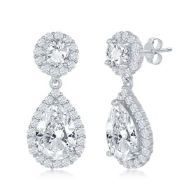 D-7246 Sterling Silver Round and Pear shaped Cubic Zirconia Earrings
