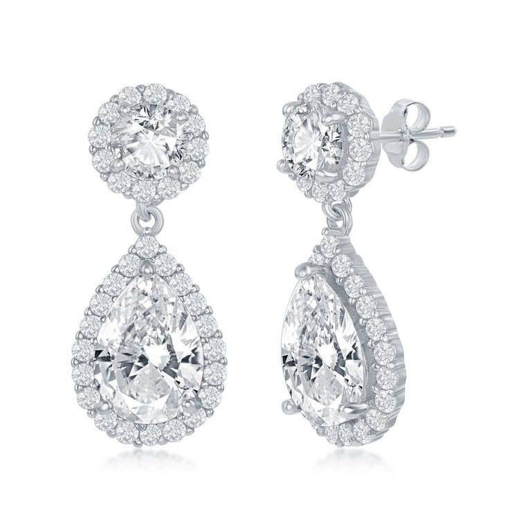 D-7246 Sterling Silver Round and Pear shaped Cubic Zirconia Earrings