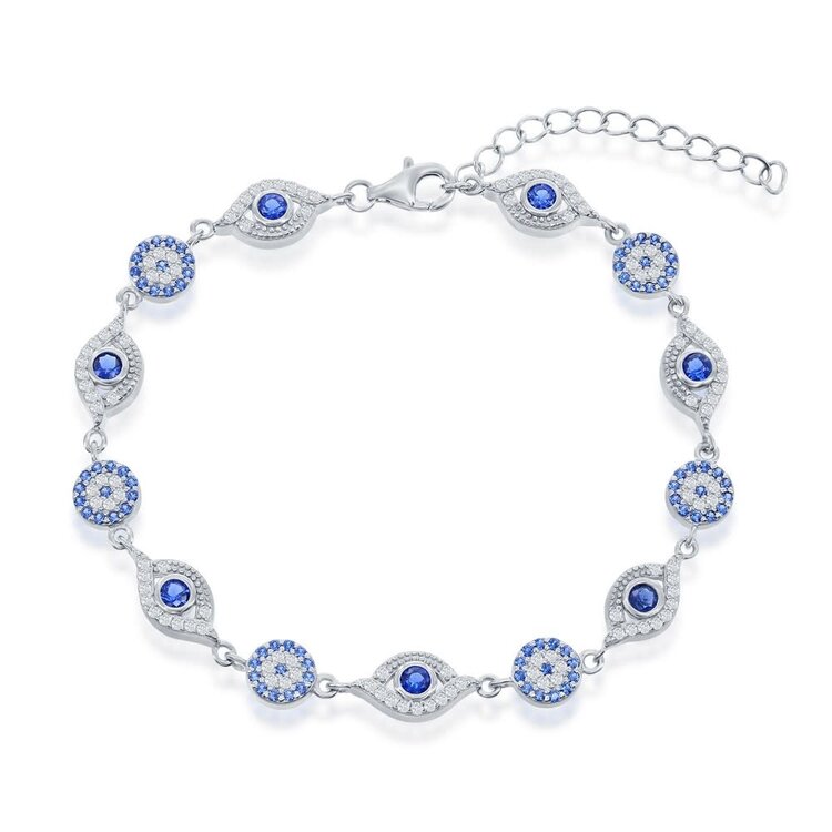 T-7936 Sterling Silver White & Blue Cubic Zirconia Evil Eye Bracelet 7.5''