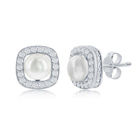 D-8369 Sterling Silver Round Pearl, Cubic Zirconia Border Stud Earrings