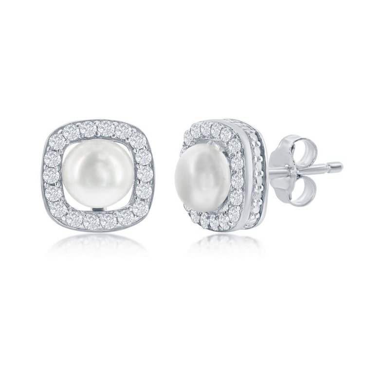 D-8369 Sterling Silver Round Pearl, Cubic Zirconia Border Stud Earrings