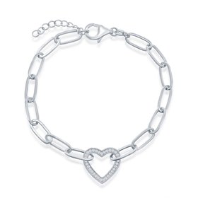 T-7966 Sterling Silver Cubic Zirconia Heart Paperclip Bracelet