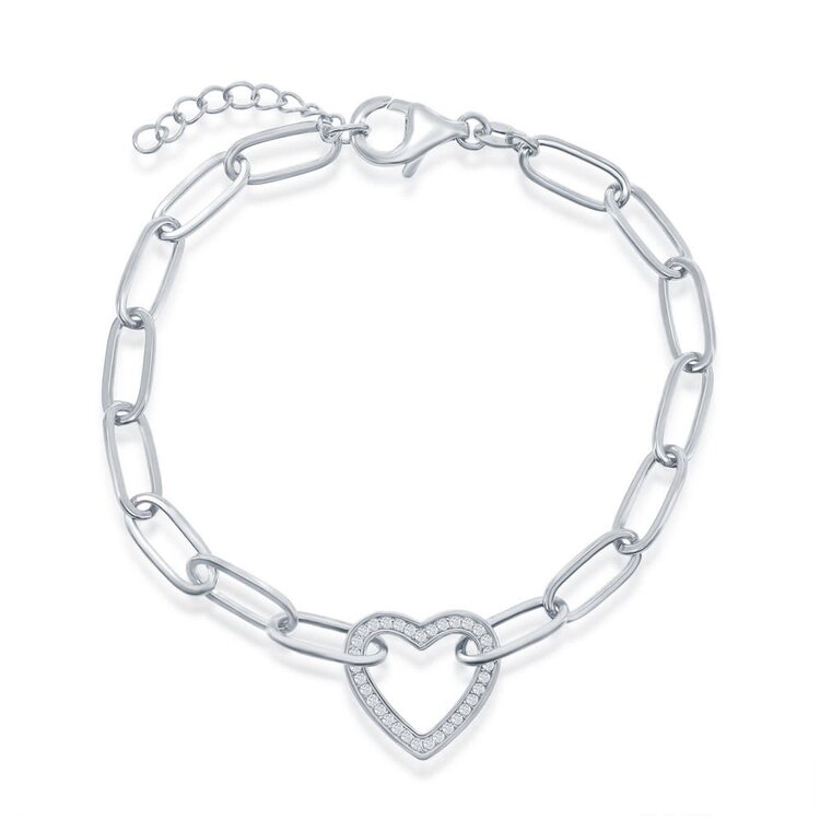 T-7966 Sterling Silver Cubic Zirconia Heart Paperclip Bracelet