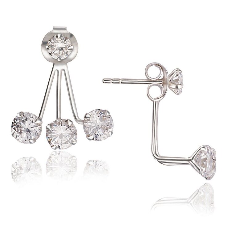 D-5540 Sterling Silver 4mm Cubic Zirconia Front with Triple 5mm Cubic Zirconia Back Earrings