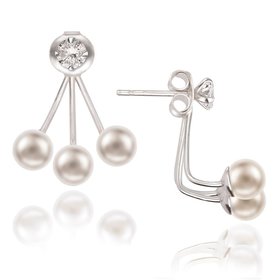 D-5541 Sterling Silver 4mm Cubic Zirconia Front with Triple 5mm Pearl Back Earrings