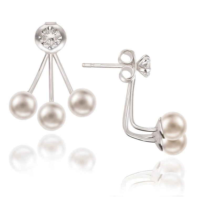 D-5541 Sterling Silver 4mm Cubic Zirconia Front with Triple 5mm Pearl Back Earrings