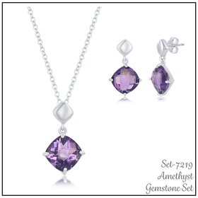 SET-7219 STERLING SILVER AMETHYST CUSHION CUT SQUARE PENDANT NECKLACE WITH MATCHING HANGING EARRINGS
