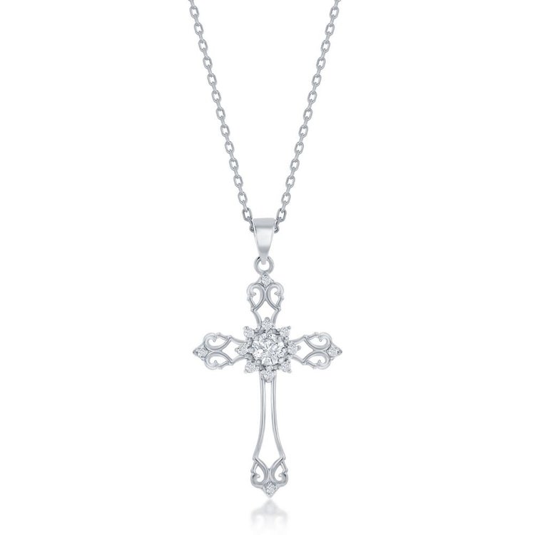 K-8950 STERLING SILVER STERLING SILVER CUBIC ZIRCONIA CROSS PENDANT NECKLACE