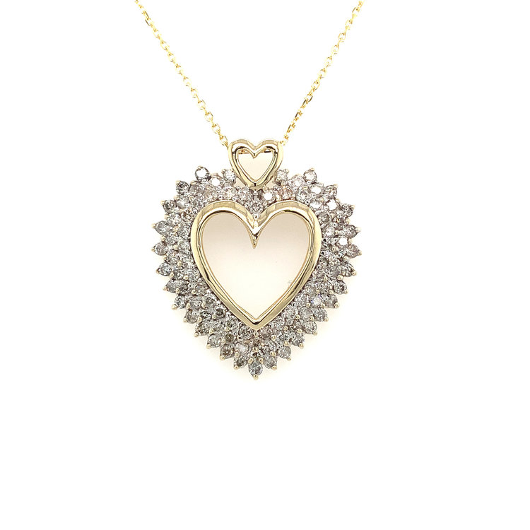70282 10K YELLOW GOLD 2CT DIAMOND 3 ROW OPEN HEART WITH 14K CHAIN PENDANT NECKLACE
